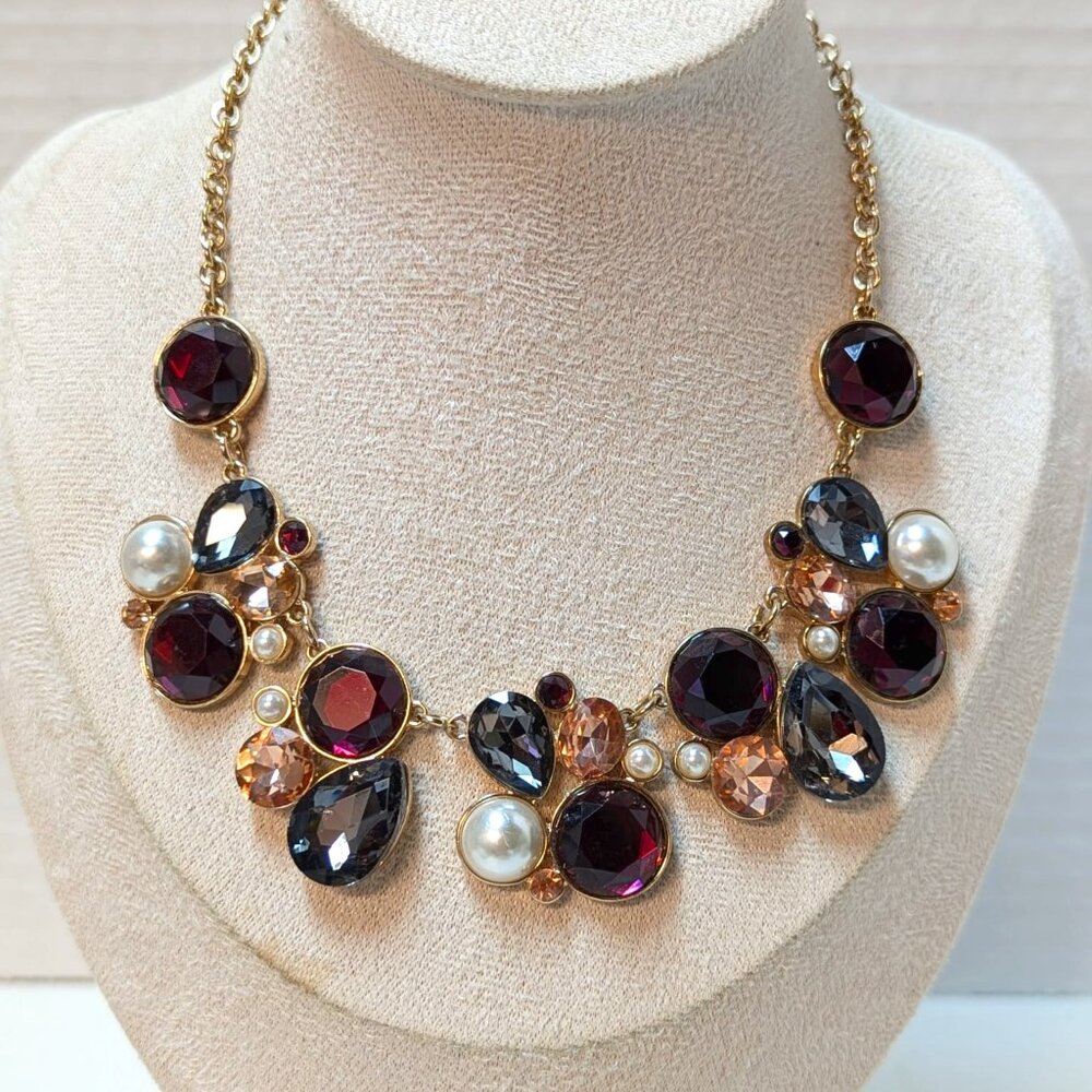 Gorgeous Gold Tone Rhinestone Faux Pearl Choker Necklace Burgundy Gray Peach - Picture 1 of 10